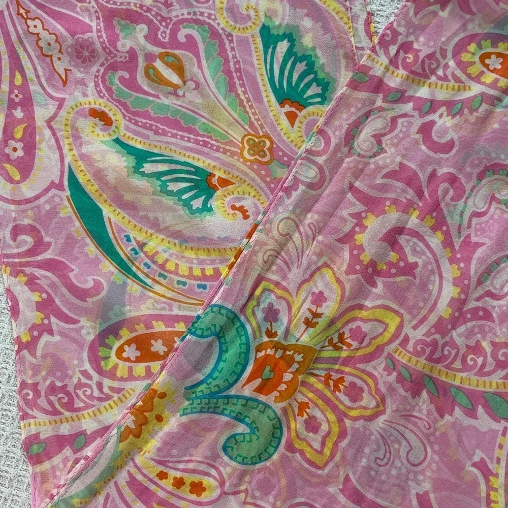 New York and Co pink, green, yellow and orange paisley print silk scarf